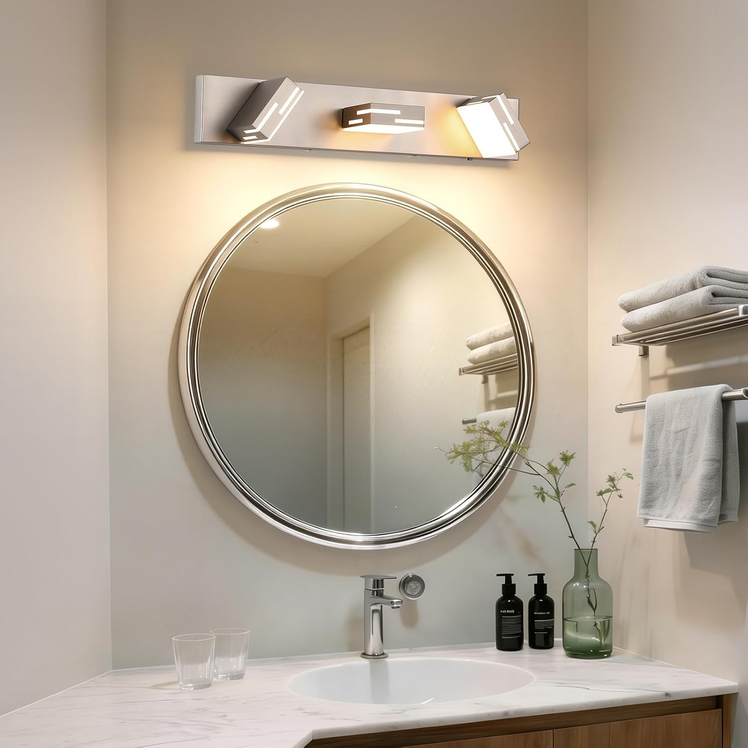 3-Light 5CCT Modern Bathroom Vanity Light Fixtures, 24-Inch 350° Rotatable LED Vanity Lights Over Mirror, Dimmable Brushed Nickel Wall Sconce with Frosted Acrylic Shade