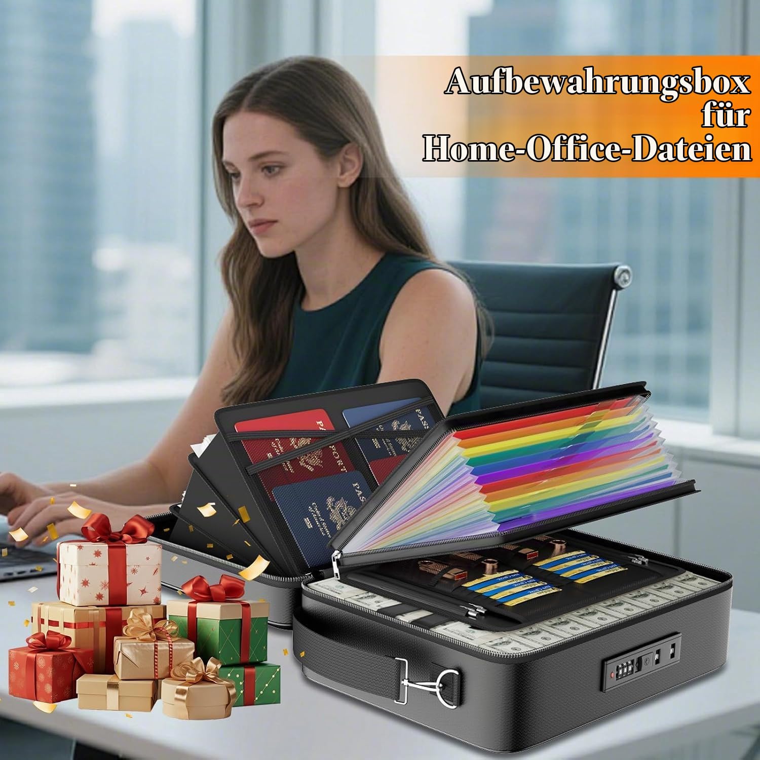 ENGPOW Feuerfeste Dokumententasche mit Schloss,Hartschale Dokumentenbox,A4 Aktenorganizer, Safe mit Mehreren Taschen, Dokumentenaufbewahrung,Schützt Wichtige Dokumente, Zertifikate,Laptop,Reisepässe