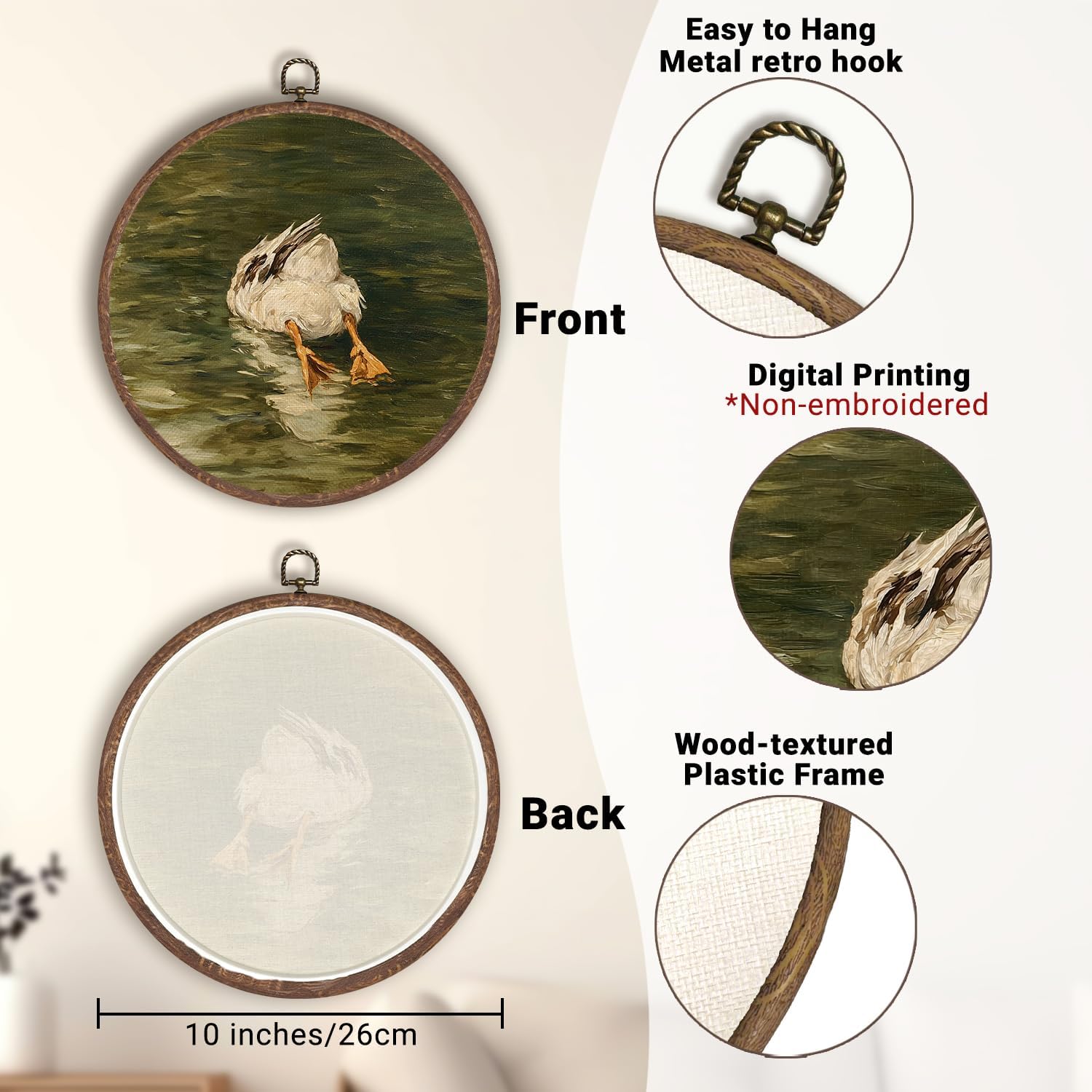 WMSYUO Vintage Goose Round Wall Art Decor，Funny Silly Goose Circular Frame Wall Decor, Country Farm Animal Canvas Print Hanging Artwrok for Living Room Bathoom Bedroom 10''x10'' (Green-Duck01) image 5