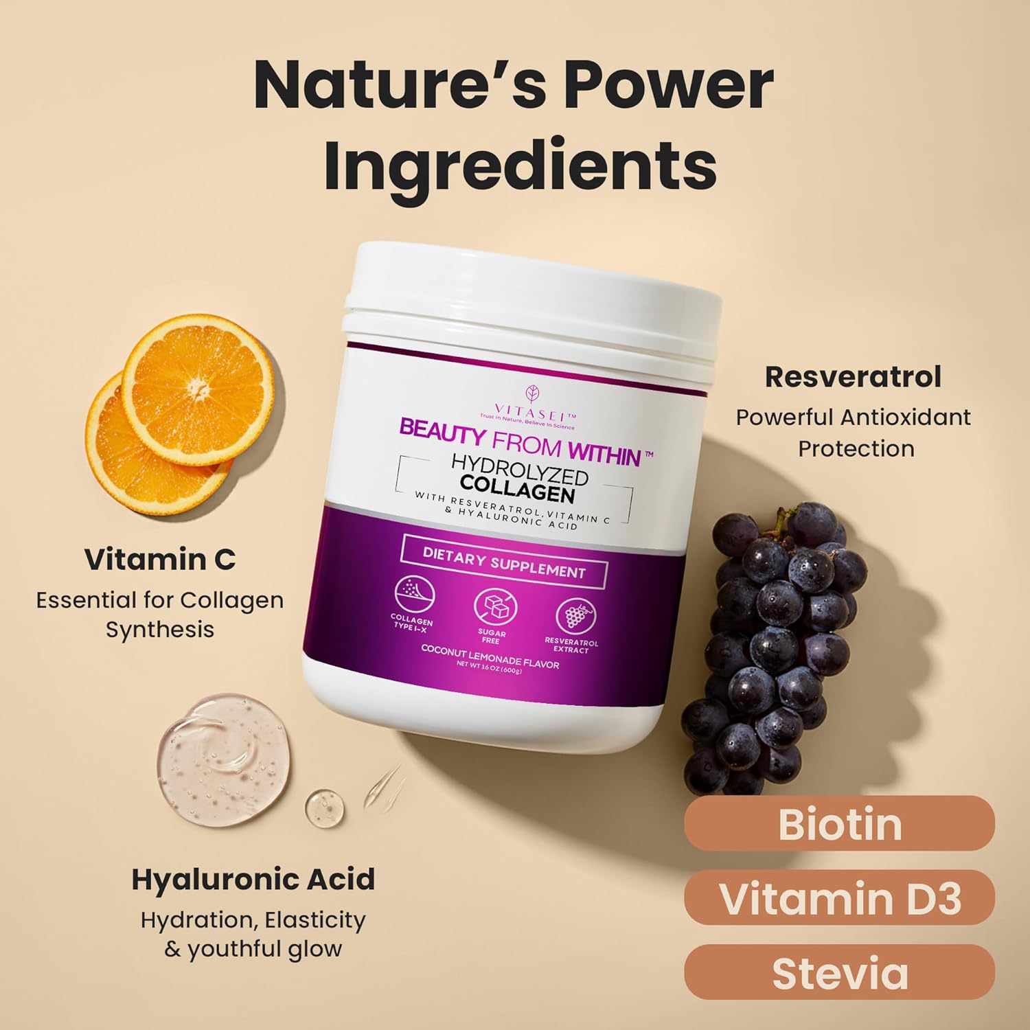 VITASEI Hydrolyzed Collagen Peptides Powder with Resveratrol & Vitamin C – Hair, Skin & Joint Support – Colágeno Hidrolizado for Women & Men – Refreshing Coconut Lemonade Flavor, 16 oz (30 Servings)