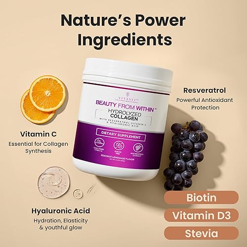 Miniatura 4 de VITASEI Polvo de péptidos de colágeno hidrolizados con resveratrol y vitamina C - Soporte para el cabello, la piel y las articulaciones - Colágeno