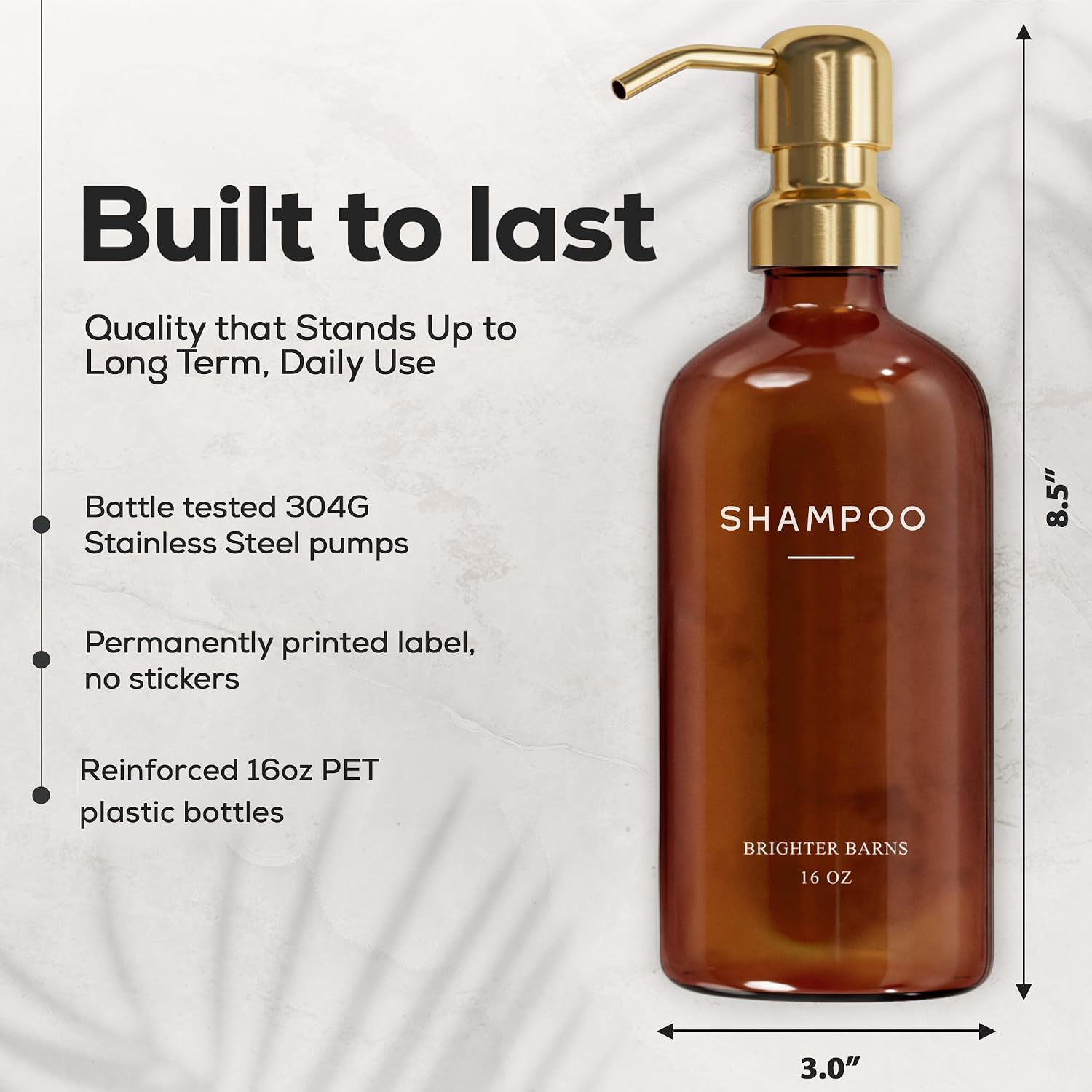 Luxury Shampoo and Conditioner Dispenser Set by Brighter Barns - Empty Shampoo Bottles Refillable with Gold Pump - Plastic Shower Soap Dispenser for Modern Bathroom Decor in Airbnb, Spa (Amber Gold) image 3