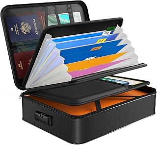 JUNDUN Organisateur de Documents, Boîte Ignifuge avec serrure & poignée, Sac ignifuge, Pochette ignifuge et etanche, Valise Porte Documents pour fichiers et passeport(Noir, 38x28x11cm)
