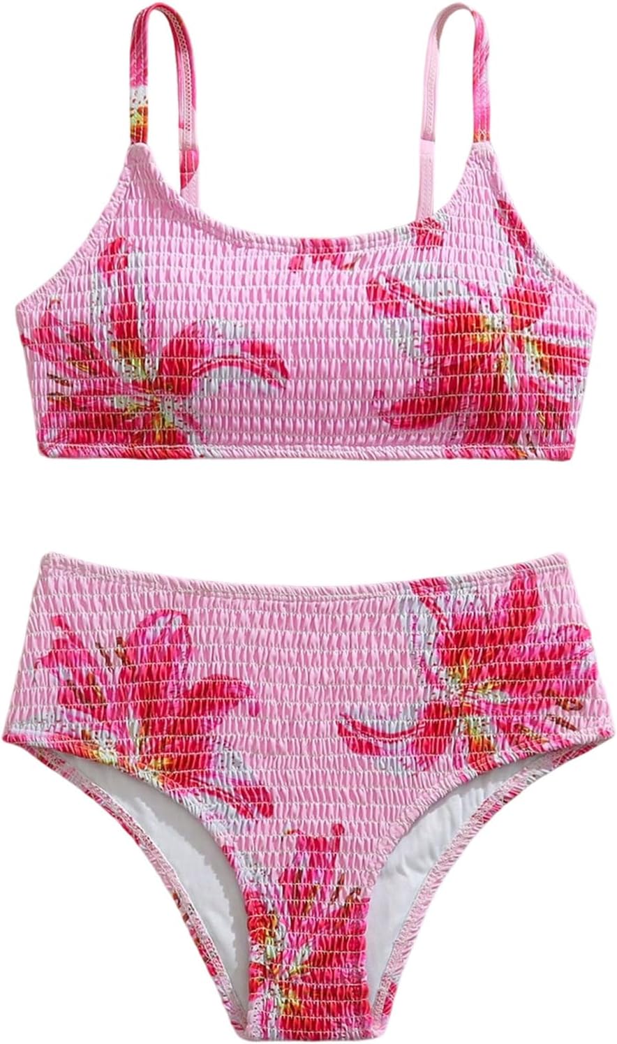 MakeMeChic Teen Girl's 2 Piece Summer Swimsuits Floral Print Shirred Spaghetti Strap Beach Bikini Sets