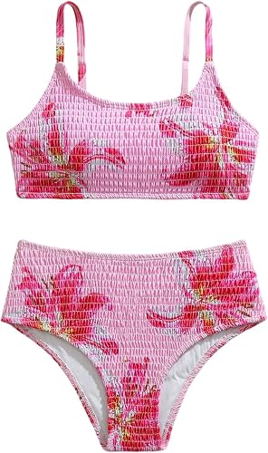 MakeMeChic Teen Girl's 2 Piece Swimsuits Floral Print Shirre
