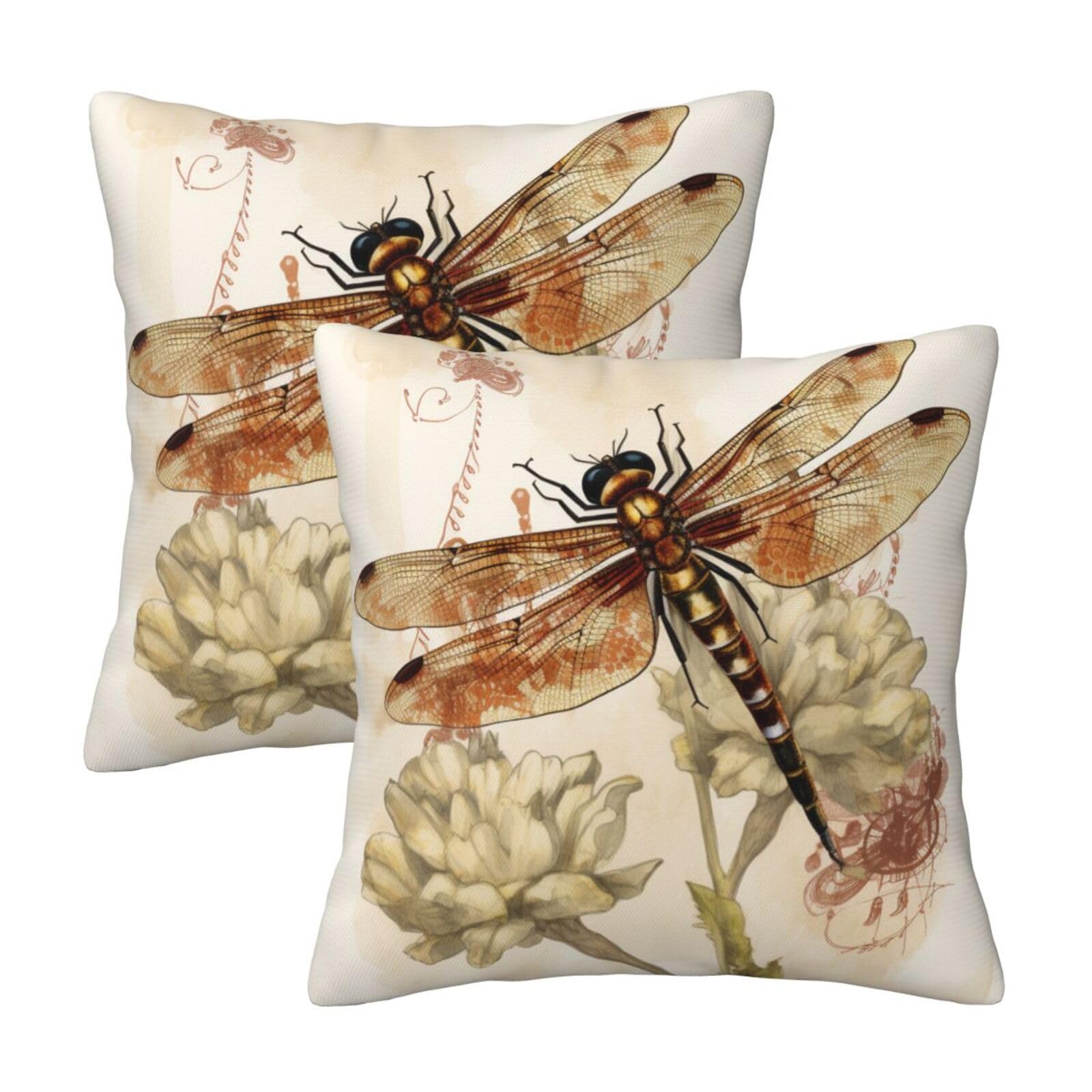 Dragonfly Bee Throw Pillow Cases 2 Pack Square Pillowcases Soft Pillow Protectors for Couch Livingroom Sofa Bed Office Car,45x45 CM