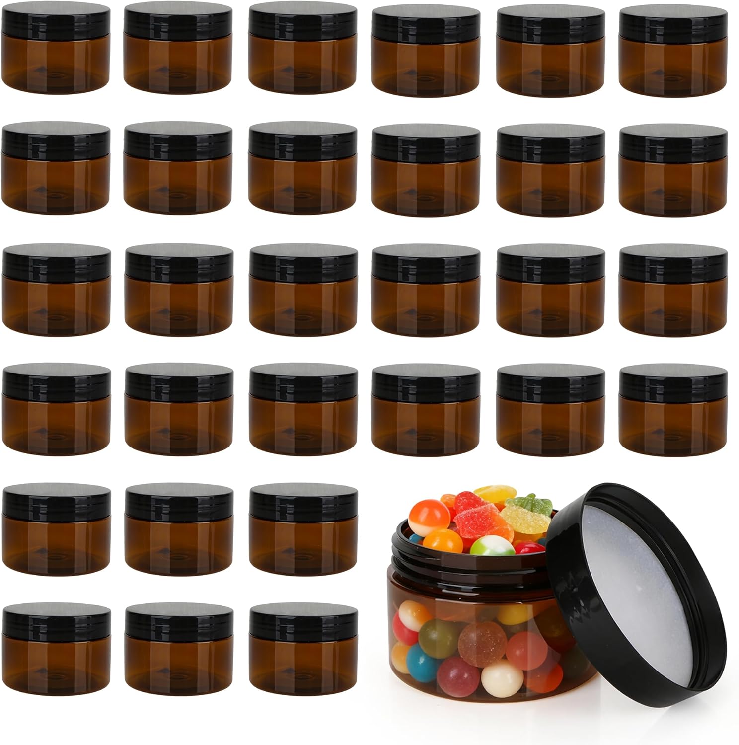 30 Pcs Brown Plastic Jars with Lids, 4oz Plastic Cosmetic Containers Refillable, Small Amber Jars Empty for Powder Liquid Food Storage