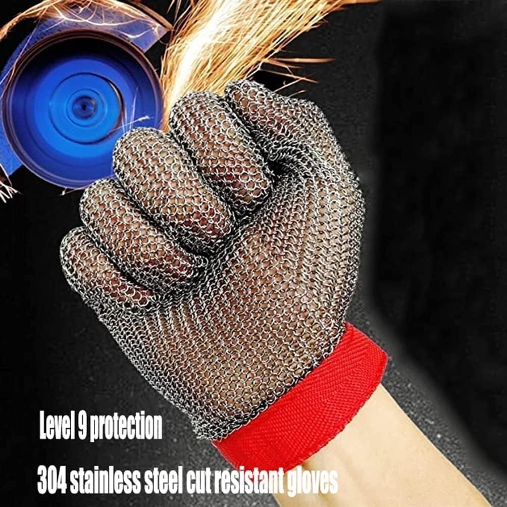 Anti-cut Gloves Metal Anti-cutting Gloves, 9-level Protective Safety Work Gloves, Kitchen Slaughterhouse Meat Cutting Chain Mail Gloves(Large)