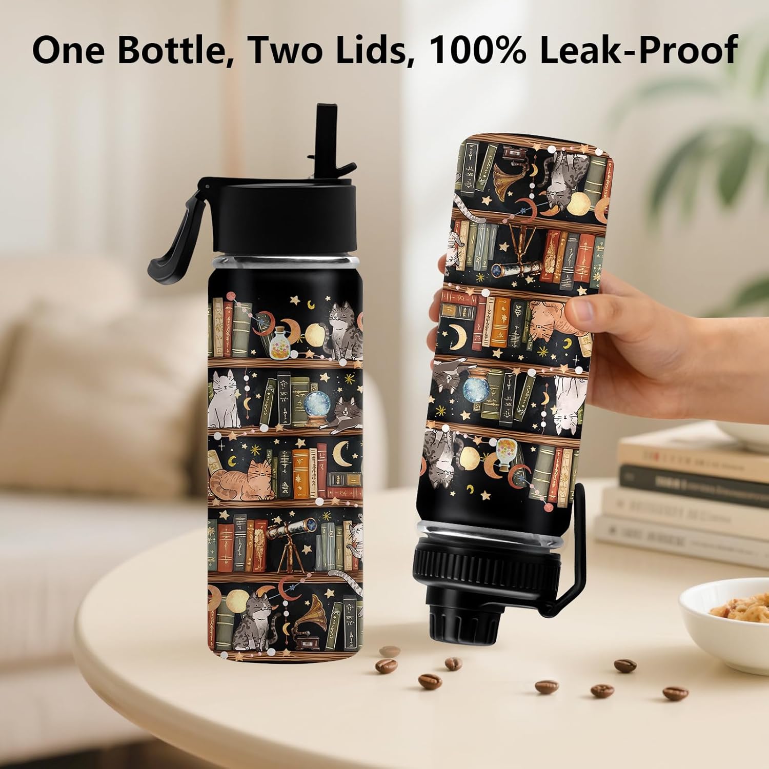 Booklover Gifts for Women, Library Cat 18oz Water Bottle, Bookish Gifts for Readers Librarian, 18oz Leak-proof Tumbler for Friend, Book Accessories Travel Mug with 2 Lids & Antislip Boot
