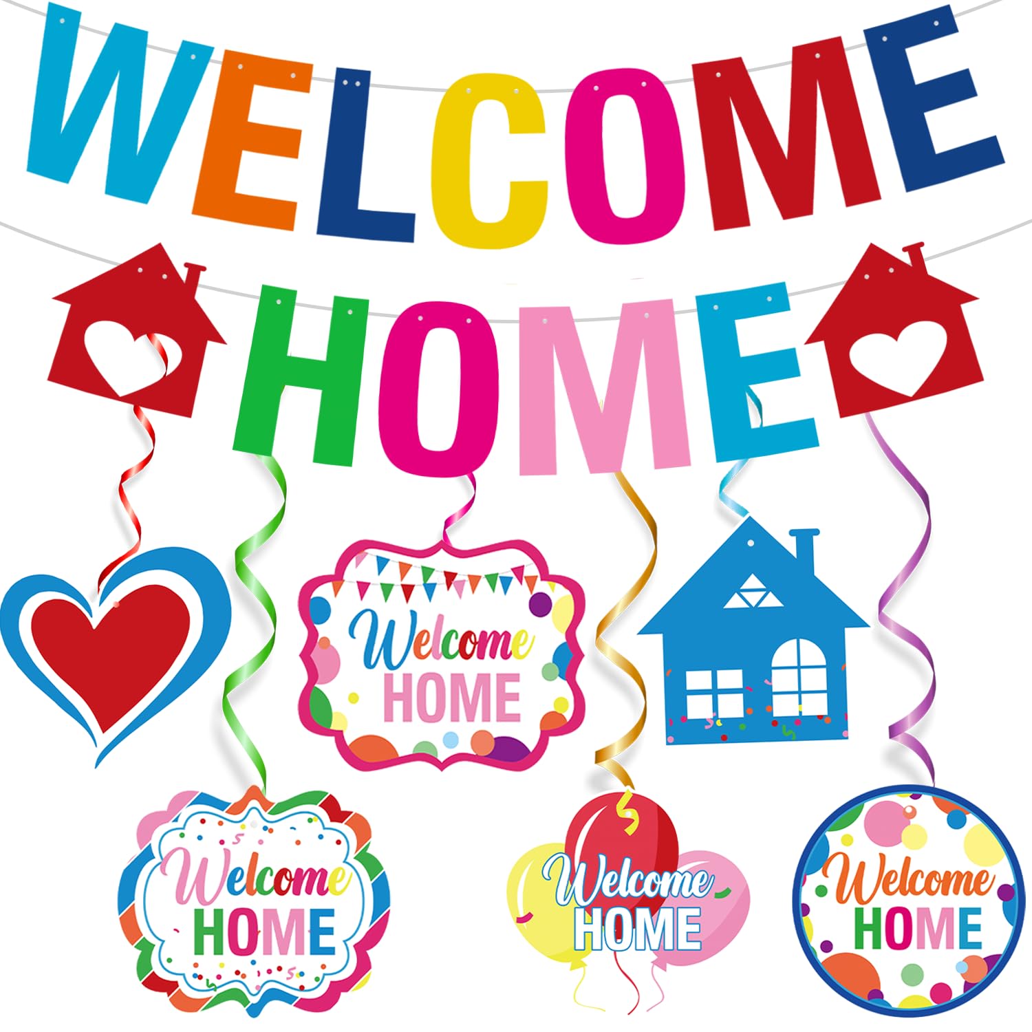 Welcome Home Decorations – Pre-Strung Colorful Welcome Home Banner with 6 Hanging Swirls, Ready to Use Party Decor for Homecoming, New Homeowners,