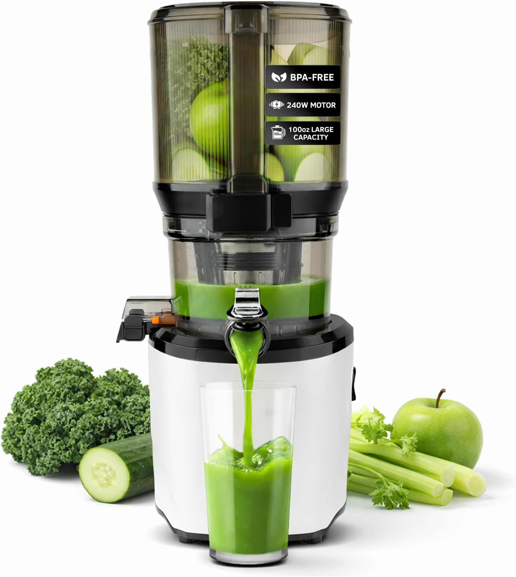 Kuvings AUTO10 Cold Press Juicer Machine – Self-Feeding for Hands-Free Use – Easy to Clean, Quiet 240W Motor, 100 oz Large Masticating Juicer – Designed for Silky Juice with Low Pulp – White