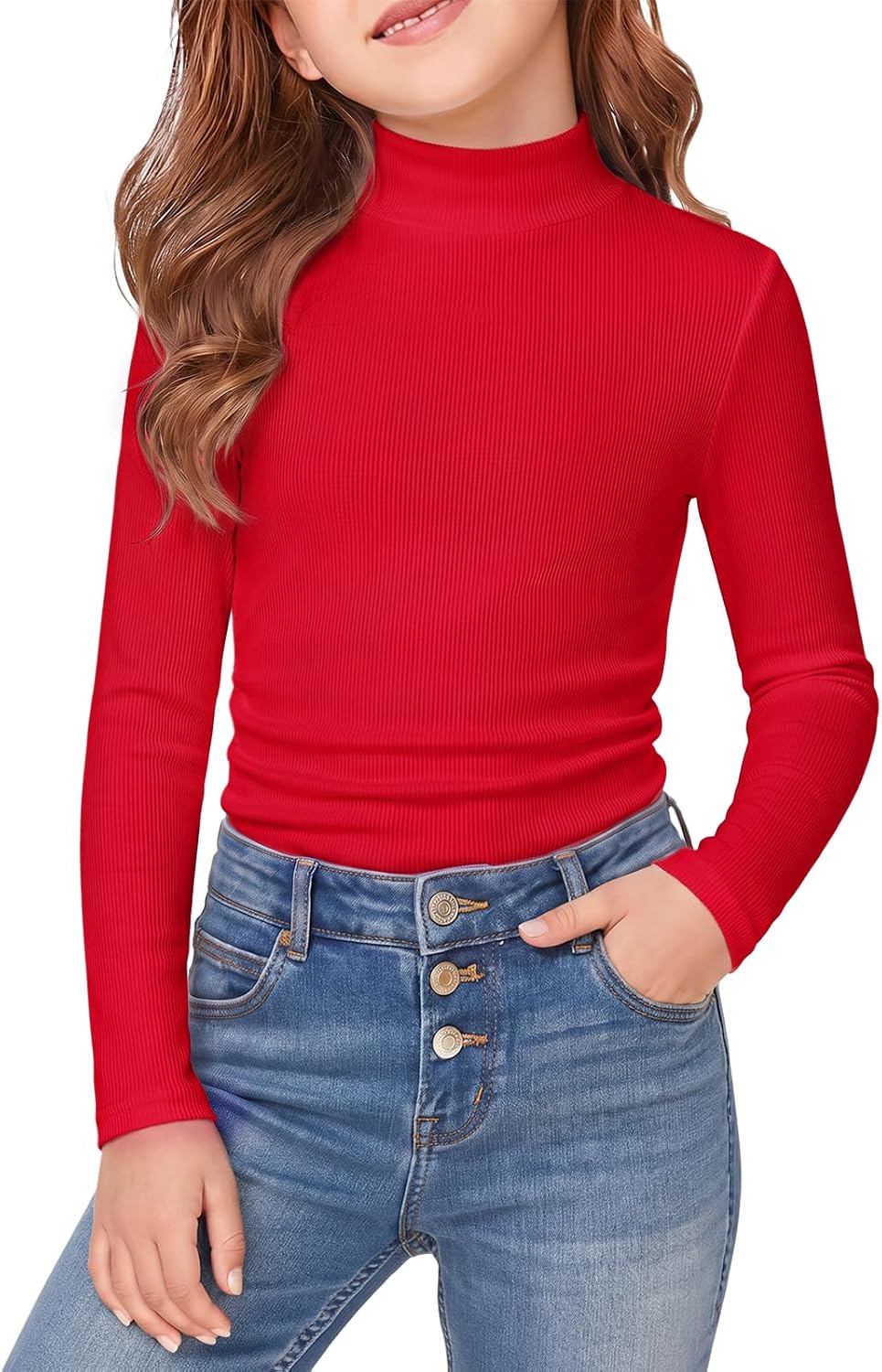 Haloumoning Girls Long Sleeve Shirts Mock Neck Ruched Side Ribbed Knit Tops