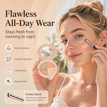 4 Colour Creamy Concealer Palette with Mirror and Brush - Green, Peach, Beige, Yellow for Redness, Dark Circles, Blemishes, Contour Makeup Kit, Portable Compact for Daily Wear & Touch-ups