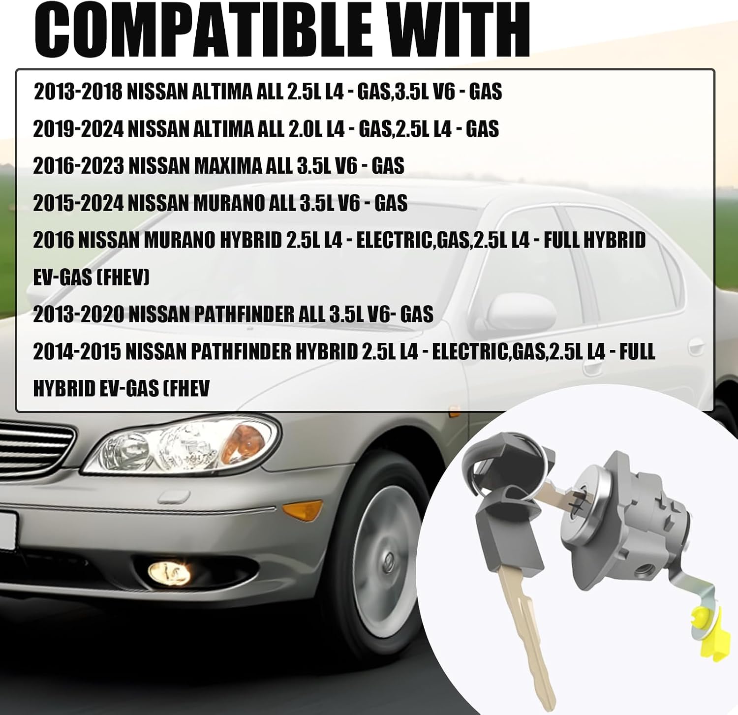 Left Front Drivers Side Door Lock Cylinder with 2 Keys Compatible with Nissan Altima Maxima Murano Pathfinder 2.0L 2.5L 3.5L 2013-2024