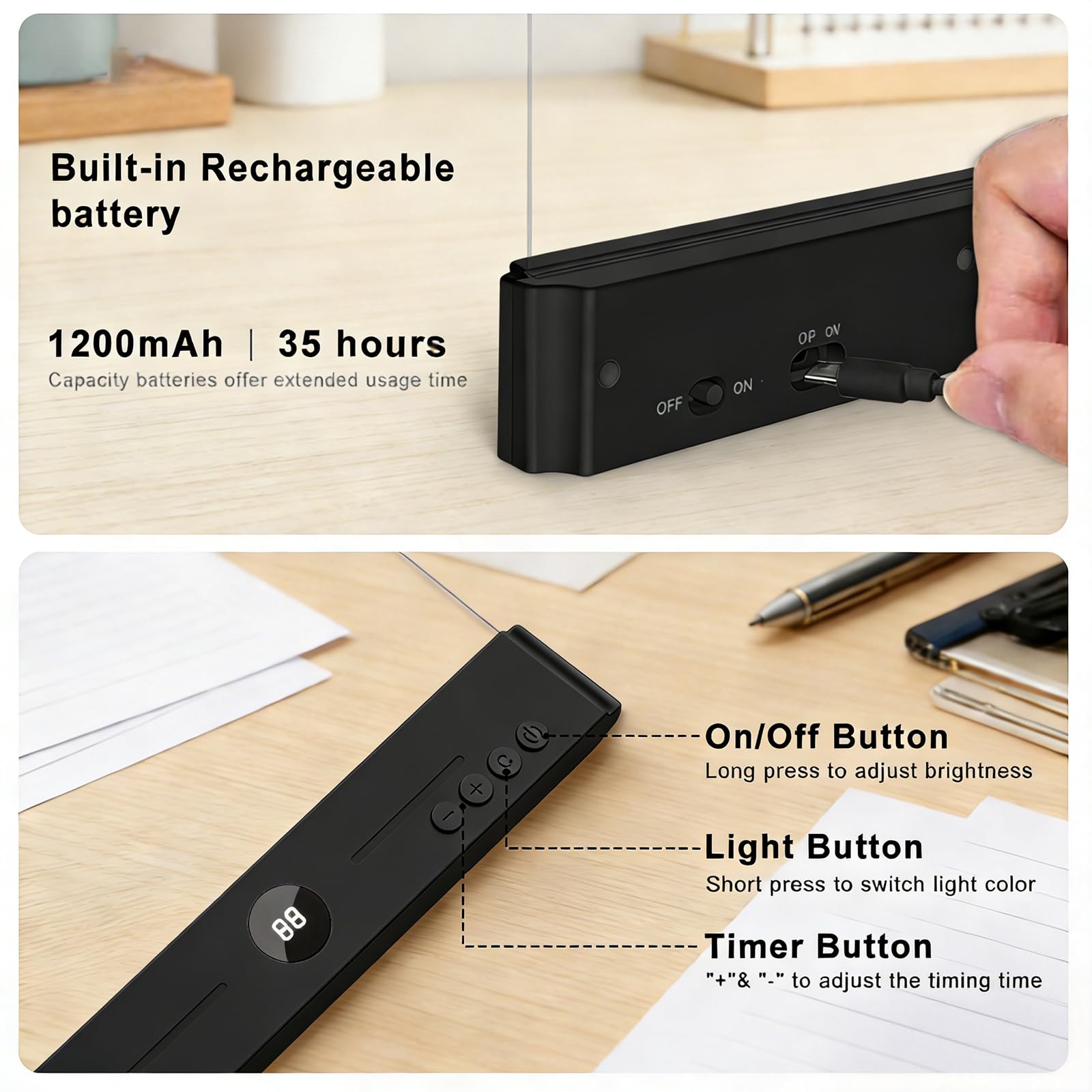 Transparente flache LED-Leselampe, wiederaufladbar, klar, Flachbild-Leselampe mit 3 Farbtemperaturen, dimmbar und Timer, volle Seitenbeleuchtung zum Lesen vor dem Schlafengehen, USB-C-Laden