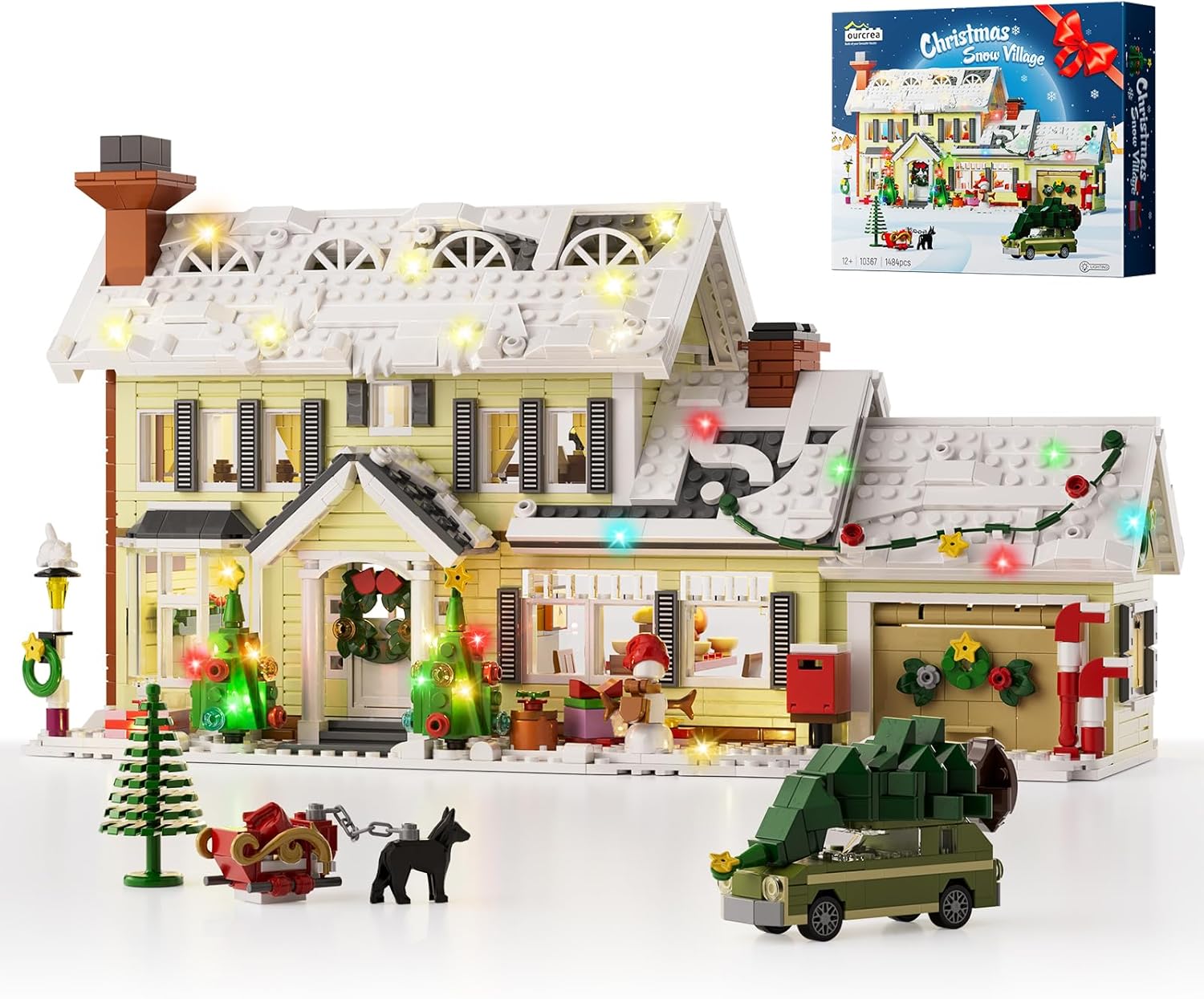 Christmas Holiday House Building Set, DIY Christmas Holiday Snow Village with Clark's Car, Christmas House Compatible with Lego Gifts for Boys, Girls, Family, and Friends (1484pcs)