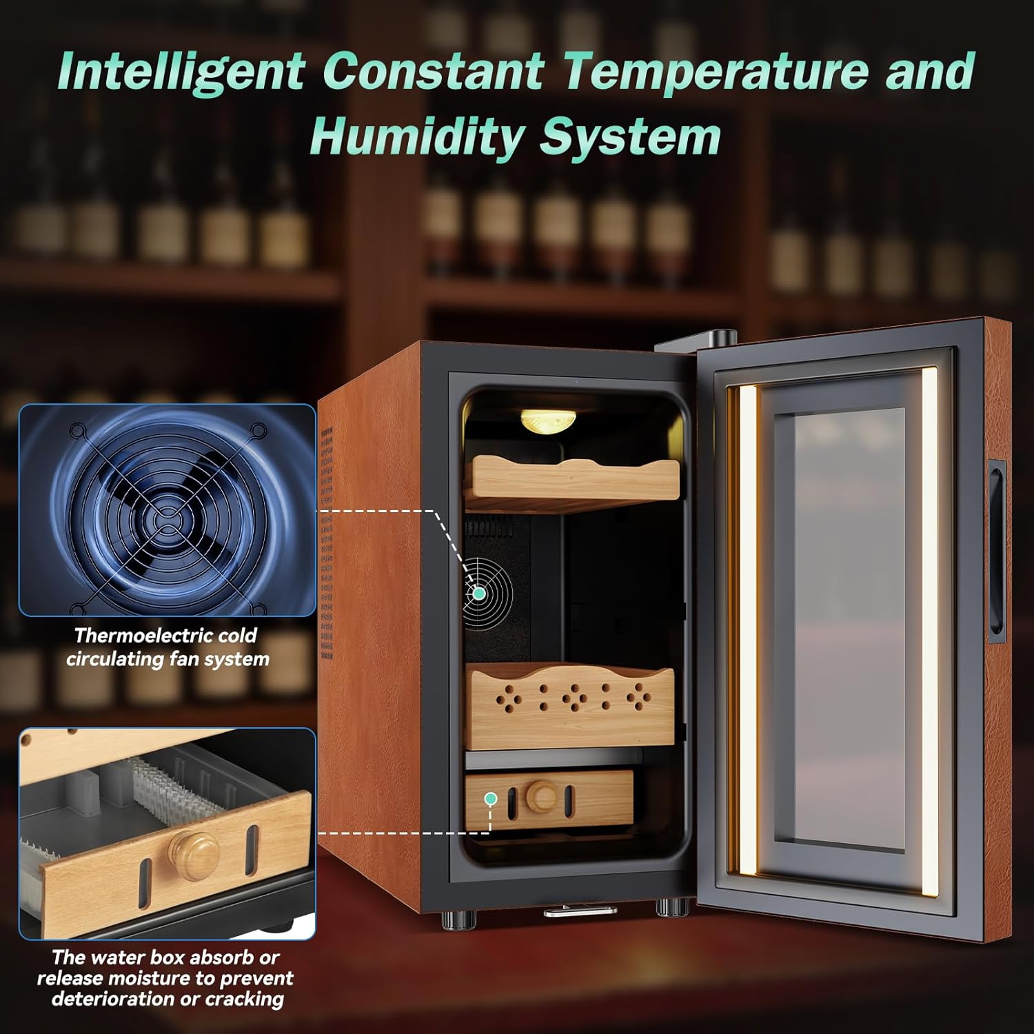 Electric Humidor with Leather-25L Cooling & Heating Humidor, Smart Touch Control Humidity & Temp Humidors wtih Spanish Cedar Wood Tray, Digital Display, Safety Lock, Desktop Gift for Men