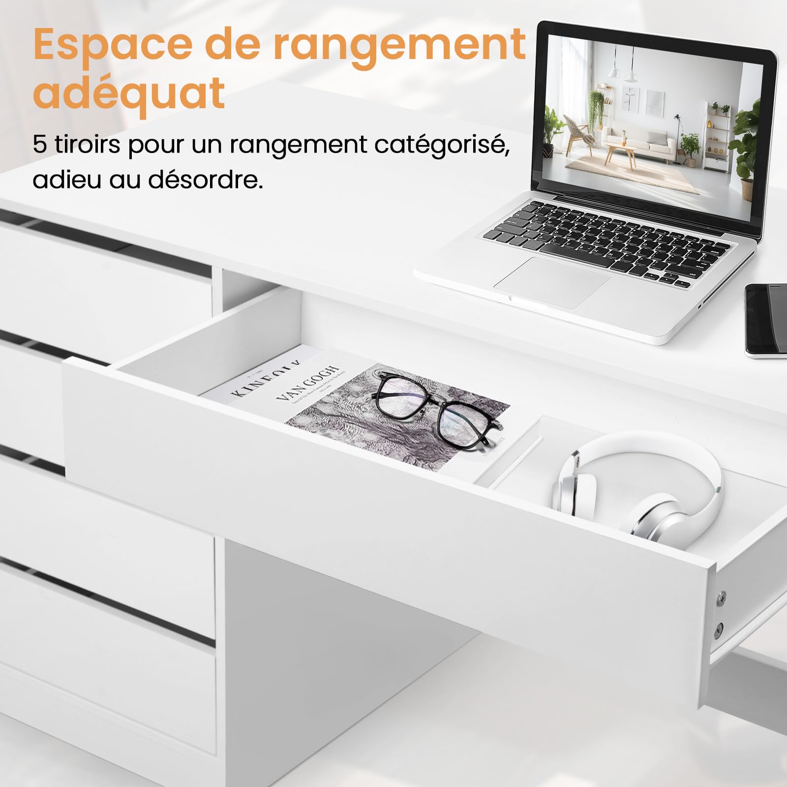 eSituro Bureau d'Ordinateur avec 5 Tiroirs, en MDF de Haute Qualité, Table Informatique avec Rangement, pour Chambre, Studio et Bureau, 120x55x75 cm, Design Nordique, Blanc