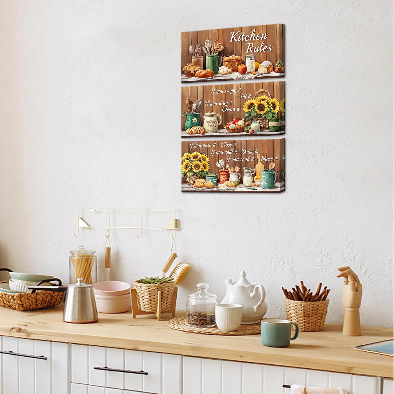 Visual Art Decor Kitchen Wall Art Sunflower Signs Farmhouse Kitchen Decor Picture Rustic Dining Room Decor Framed 6x12inchx3Pieces (Brown)