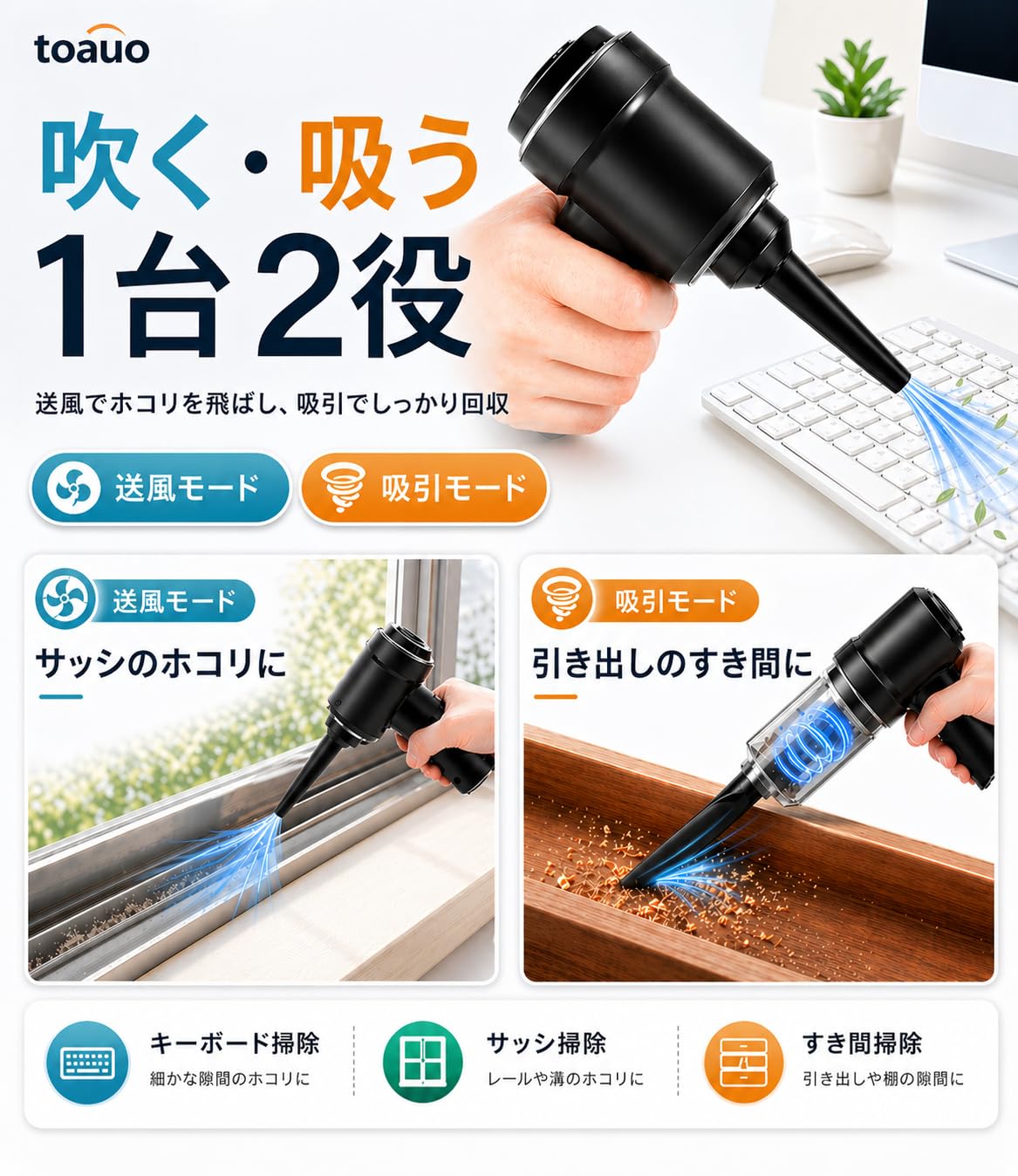 toauo ハンディクリーナー コードレス 車用掃除機 25000PA
