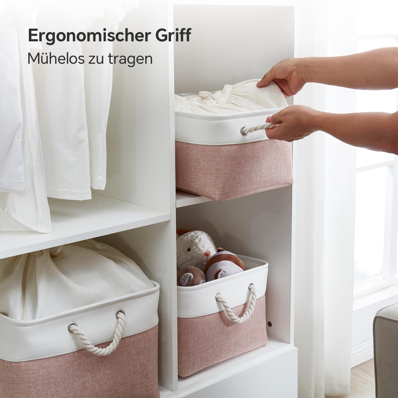 Mangata Aufbewahrungsboxen aus weichem Stoff, verschiedene Größen, rechteckige Behälterkörbe für Regal, Kleiderschrank, Spielzeug und Kleidung, 50 x 40 x 30 cm, Rosa und Weiß (XXL, 4 Stück)