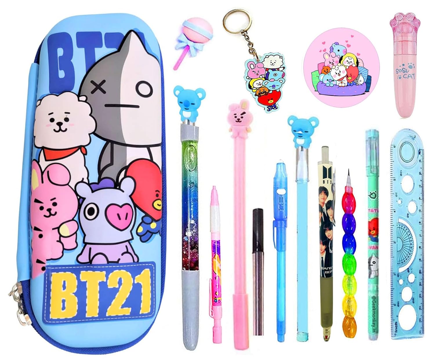 KOBBET® 15 Pcs BTS Stationery Gift Set for Girls BT21 Pencil Pouch