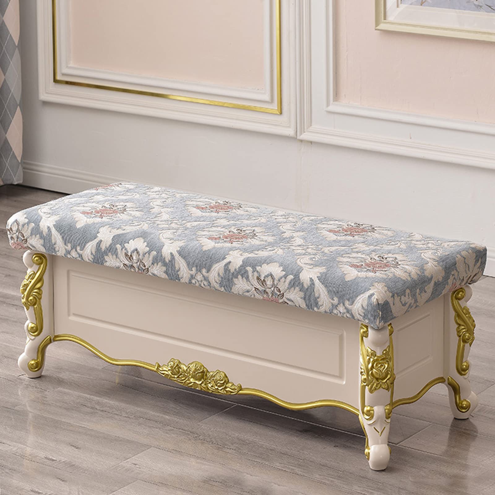 Repose-pieds de grande capacité et coffre de rangement bleu en jacquard 100cm