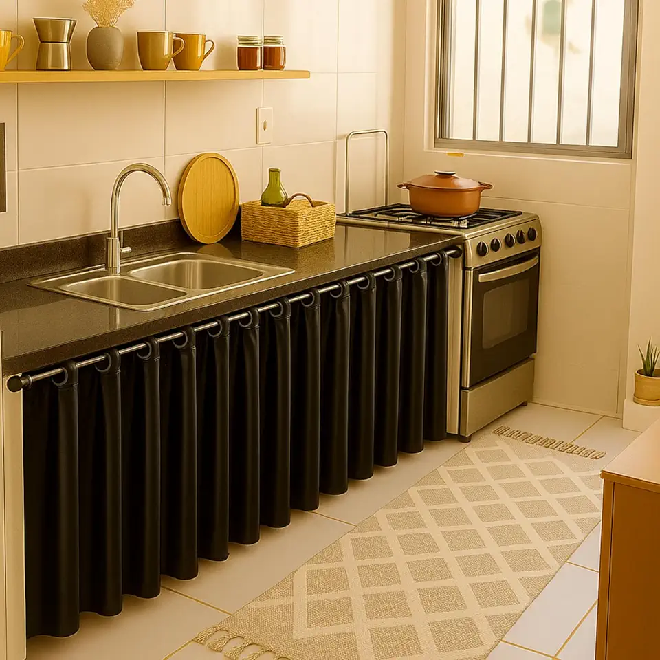 Cortina Antimofo Para Pia De Cozinha Balcão Janela Impermeável 2,80 X 80 (Preto)