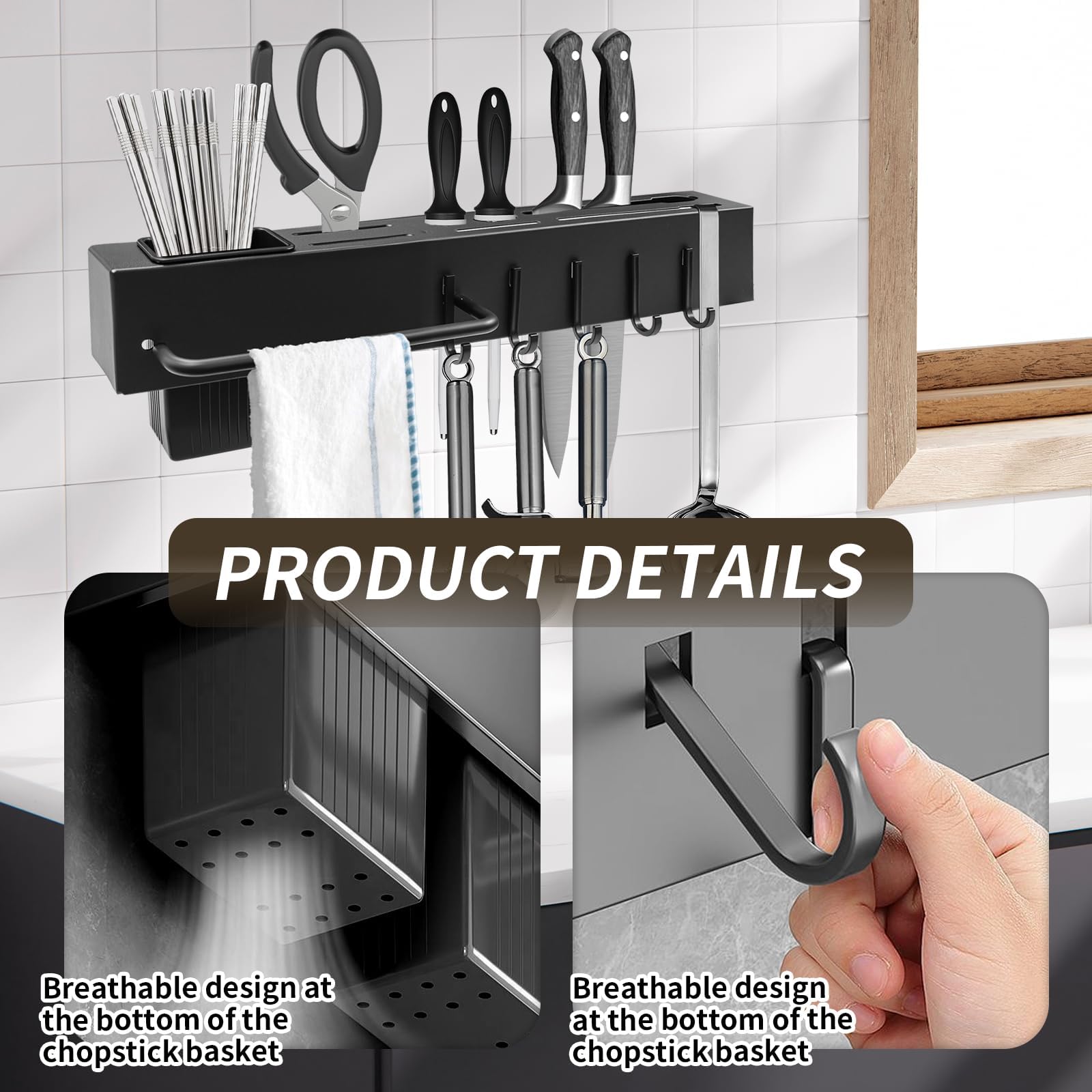Porte Couteaux Mural, Organisateur de Cuisine Multifonction avec Porte-Torchon et Porte-Baguettes, Rangement pour Ciseaux, Ustensiles, Sans Perçage/avec Vis, 40 cm