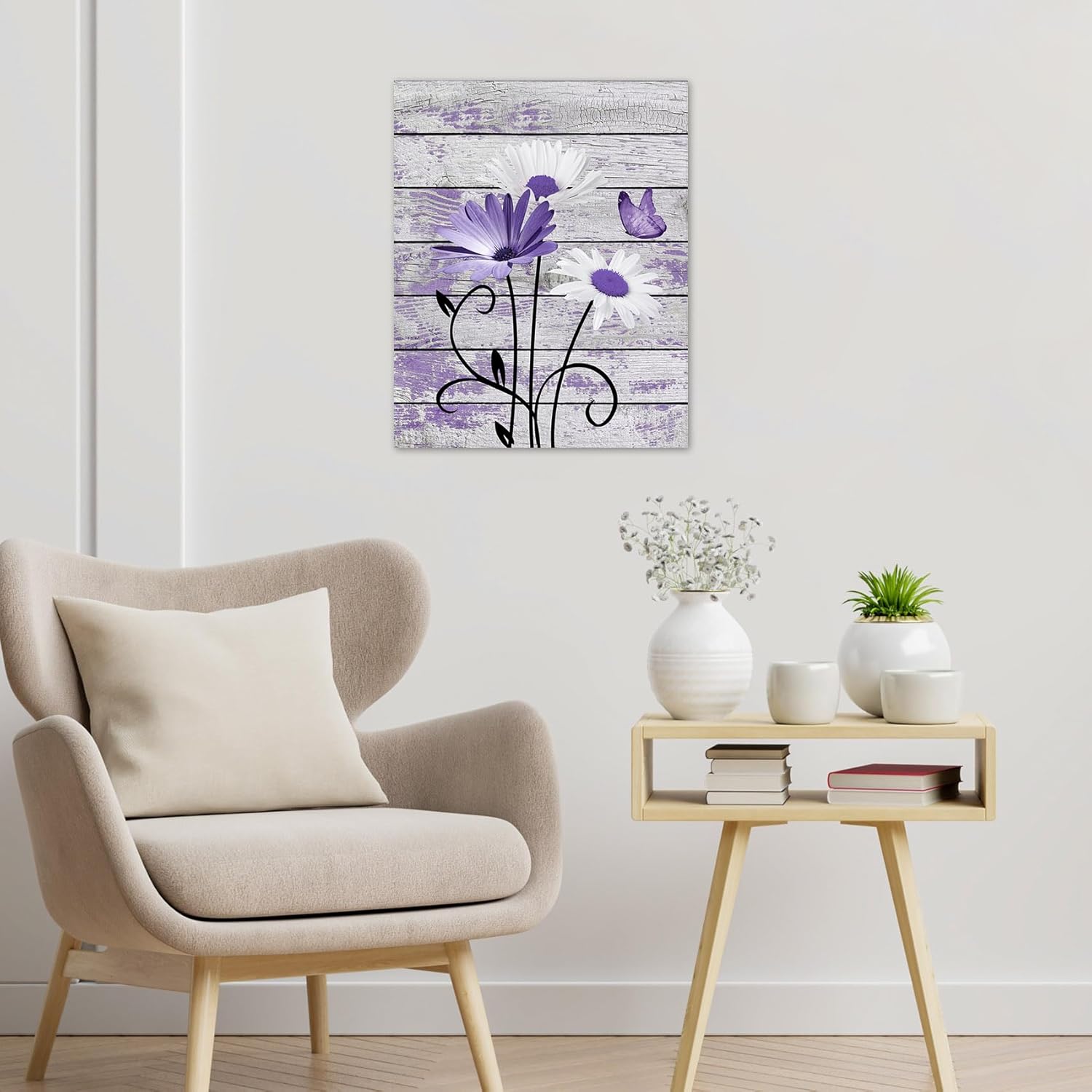 HVEST Vintage Floral Canvas Wall Art Purple and White Daisy Butterfly on Farmhouse Wooden Wall Decor for Bedroom, Country Wildflower Framed Wall Art for Living Room Office Home Decor,20L X 16W inches