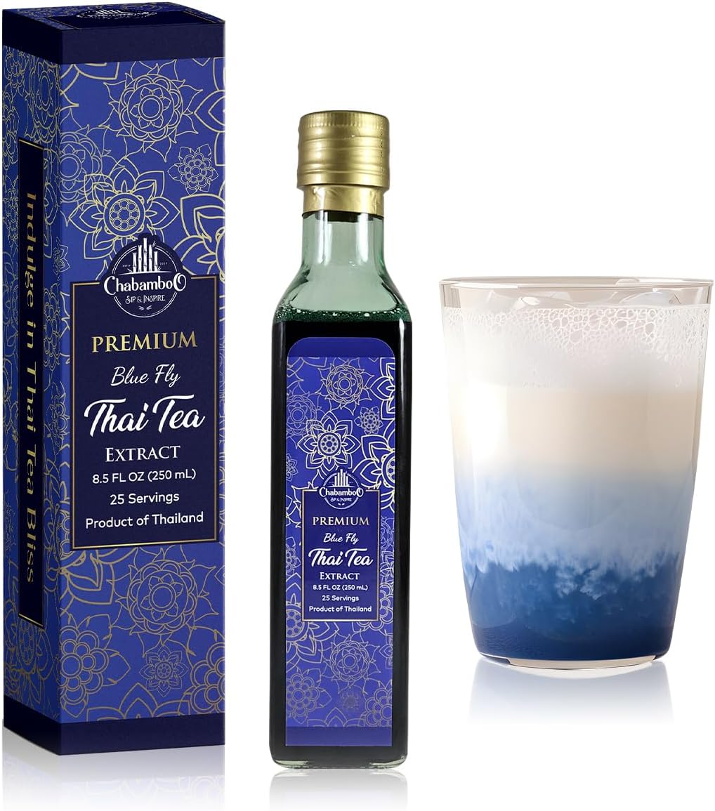 CHABAMBOO Premium Blue Fly Thai Tea Extract - Authentic Concentrate/Syrup - Perfect for Thai Iced/Milk Tea, Bakery, Dessert Recipes (8.5 Fl Oz, Premium Blue Fly)