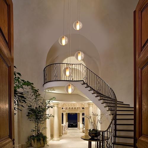 Miniatura 7 de GINSENGLUX Lámpara de araña de cristal con forma de gota de lluvia lámpara colgante moderna de 5 luces lámpara LED con suspensión de bola de cristal