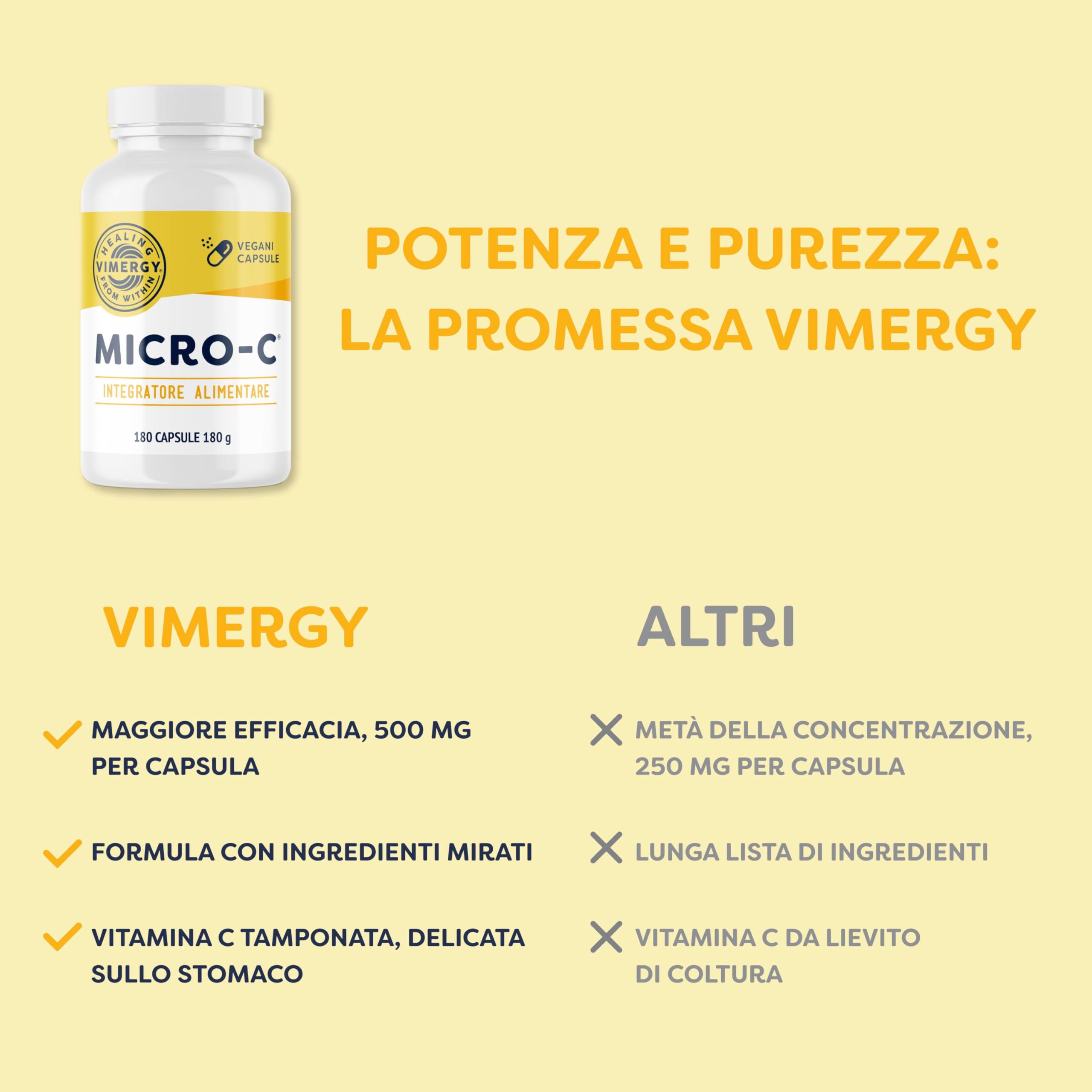 Vimergy Micro-C Capsule di Vitamina C - 180 Dosi – Vitamina C 500 mg, Meno Acida – Rosa Canina – Per Sistema Immunitario e Muscoloscheletrico – Senza Glutine – Kosher – Vegan