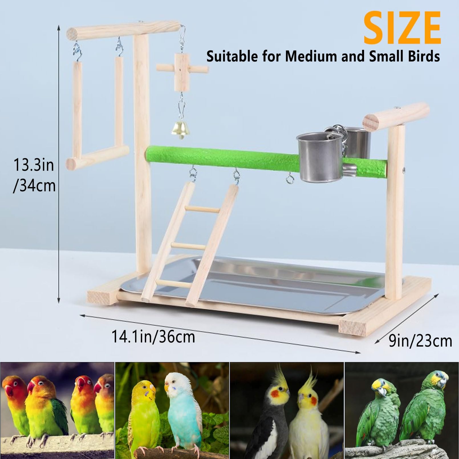 Acsist Birds Playground Parrot Playstand Birds Perch Stand Gym Natural Wood Play Stand with Ladder Swing Feeder Cups for Parakeets Cockatiels Lovebirds Conures Budgies - image 3