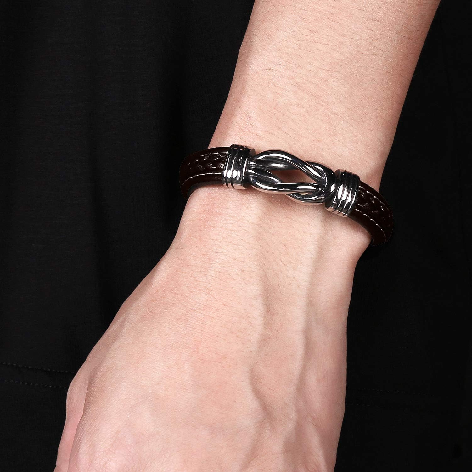 Mens Leather Bracelet,Braided Leather Wristband Cuff Bracelets Stainless Steel Clasp,Jewellery Gift for Men - Image 2