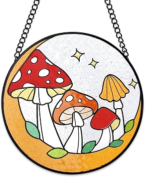 Tuitessine Mushroom Stained Glass Suncatcher, Hand-Painted Toadstools Window Hanging Decorative Glass Panel for Home & Garden, Boho Nature Gift for Women & Housewarmings