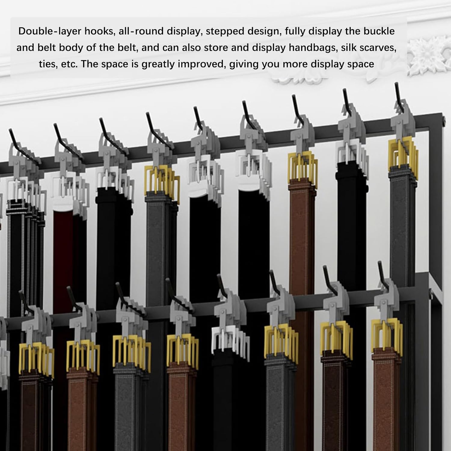 Floor Stand Belt Metal Display Rack, Commercial Clothing Store Retail Storage Holder, Movable Hanging Handbag Scarf Umbrella Shelves, Multifunctional(White 73x30x156CM)