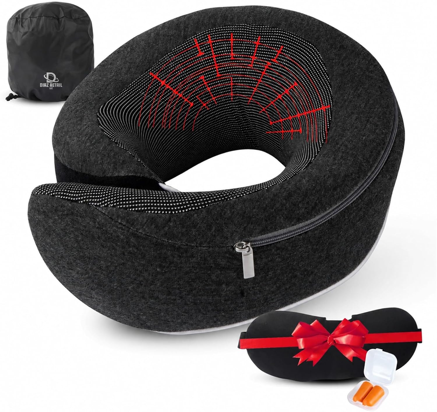 Travel Neck Pillows for Airplanes – Memory Foam Neck Pillow with Eye Mask, Earplugs & Storage Bag, Compact and Ergonomic Design for Long Flights, Car Rides, Office & Home Use (Dark Grey)