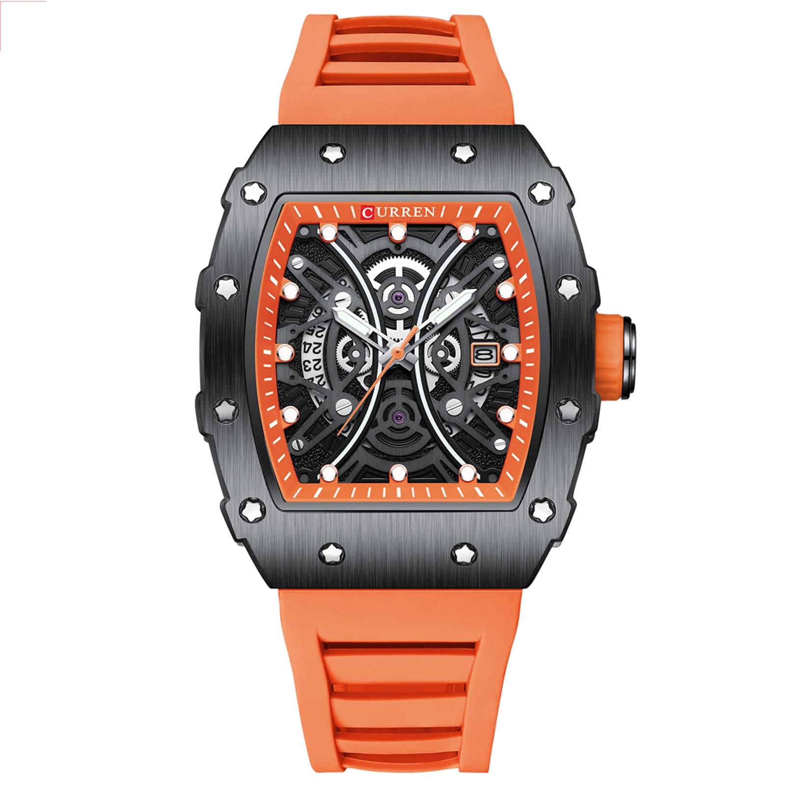 FORSINING Mens Watches,Casual Men Quartz Wristwatch Fashion Business Waterproof Tonneau Shape Dial Watch Silicone Strap,Orange, Orange, strap