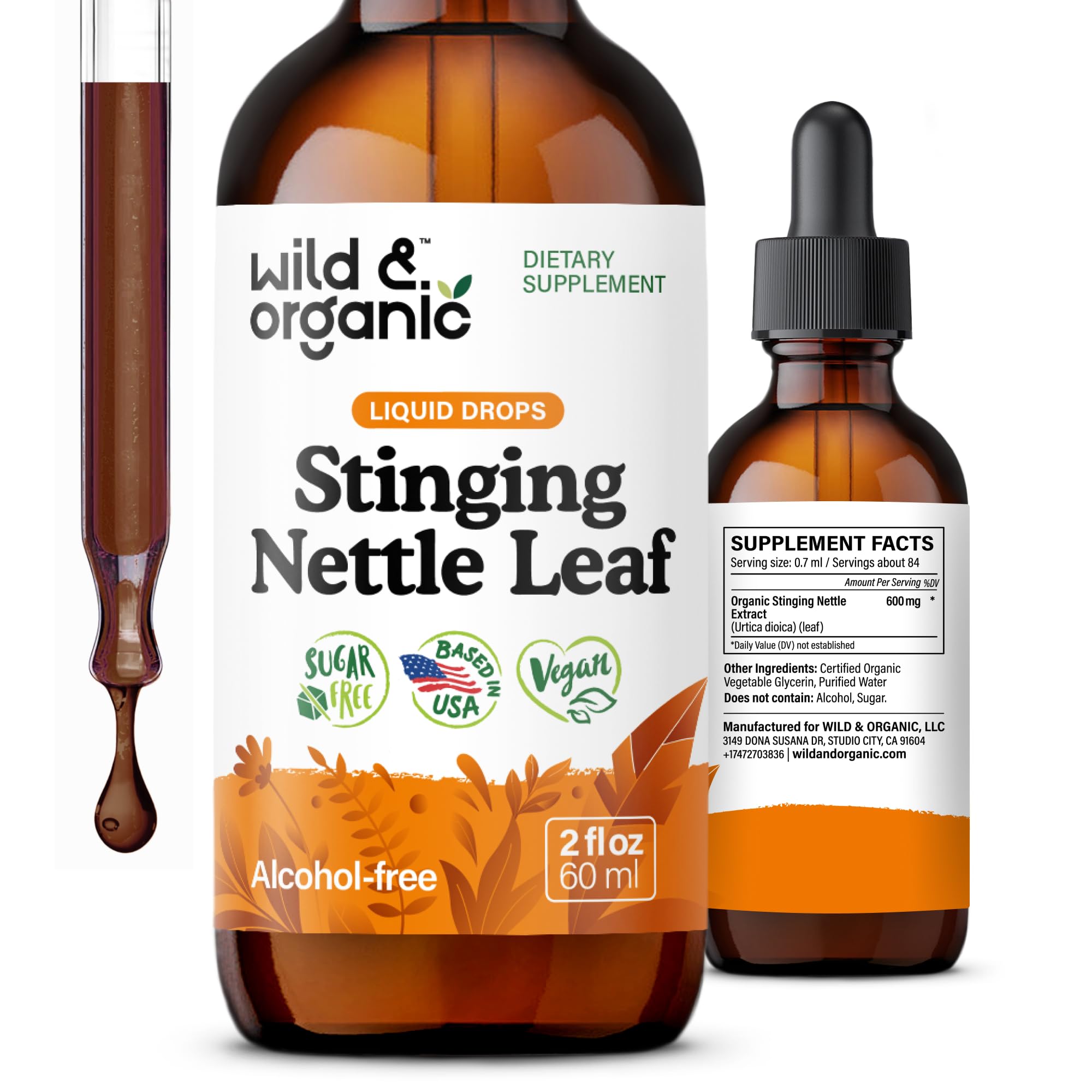 Wild & Organic Stinging Nettle Leaf Extract Drops - Urinary Tract Support - Liquid Stinging Nettle Supplement - Urtica Dioica Tincture - 2-Month Supply - Vegan, Sugar & Alcohol-Free - 2 fl oz