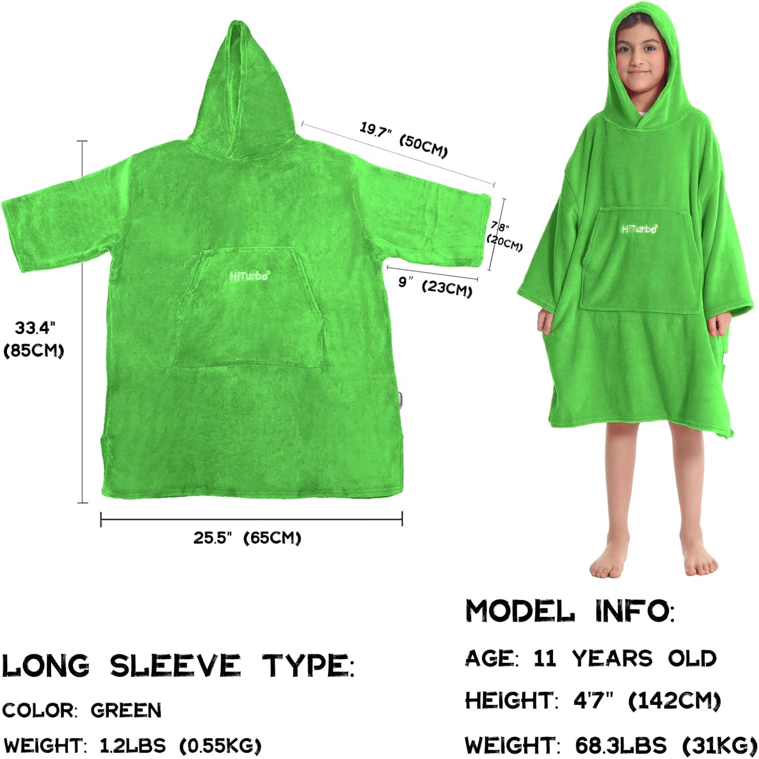 Hiturbo Kids Towel Changing Robe: Soft Plush Wearable Blanket - Warm Coral Fleece Hoodie - Swim Surf Poncho for 5-12 Years (Green)