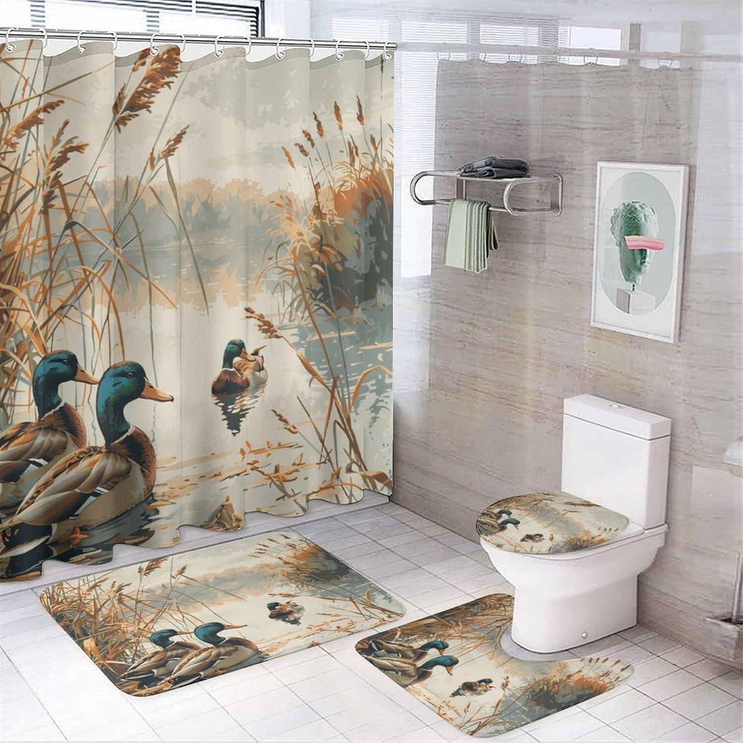 4Pcs Wild Lake Duck Shower Curtain Set with Toilet Lid Cover U-Shaped Mat and Non-Slip Rugs, Rustic Animal Plant Scenery Shower Curtain Bathroom Decor Set, 72" x 72"
