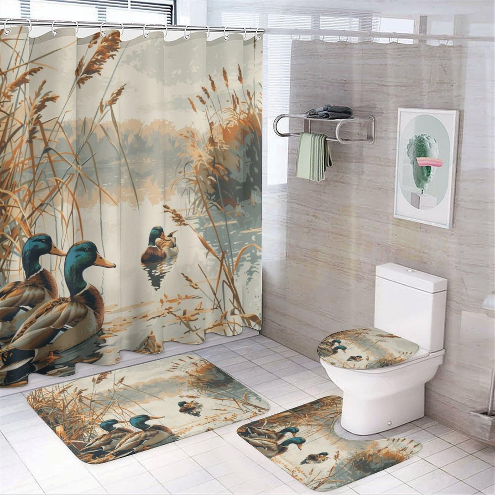 TOWINSFB 4Pcs Wild Lake Duck Shower Curtain Set with Toilet Lid Cover U-Shaped Mat and Non-Slip Rugs, Rustic Animal Plant Scenery Shower Curtain