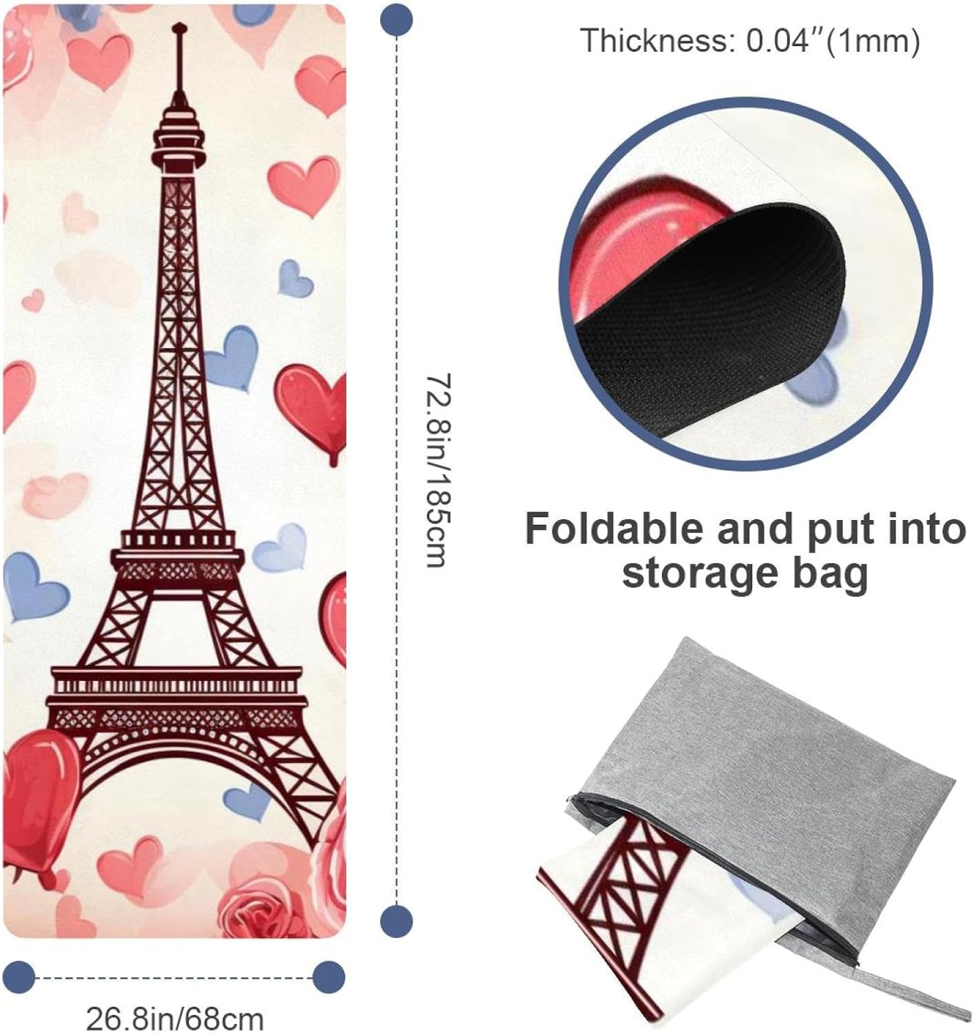 Yoga Towel, Eiffel Tower Valentine's Day Pattern Non Slip Sweat Absorbent Hot Yoga Mat Towel for Hot Yoga, Pilates and Fitness - 72.8" x 26.8"