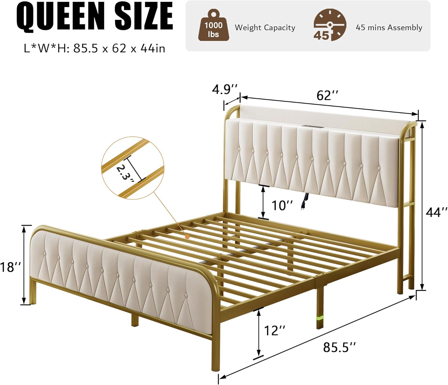 iPormis Metal Bed Frame Queen Size with Charging Station, Velvet Upholstered Headboard and Footboard, Heavy Duty Steel Support, 12" Under Bed Storage, No Box Spring Needed, Easy Assembly, Beige