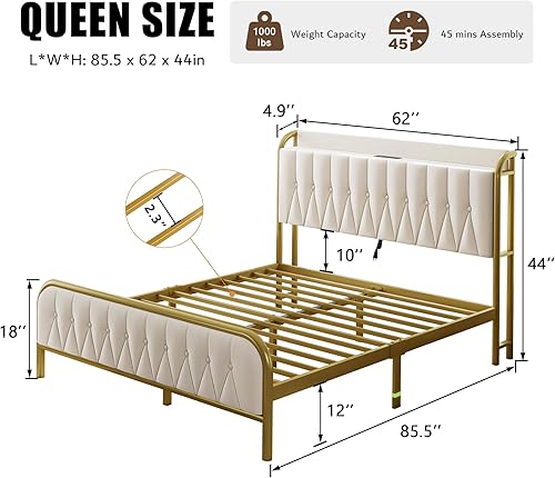 Miniatura 2 de iPormis Base de cama tamaño Queen con puertos USB B y tipo C, cabecera capitoné de terciopelo con botones de almacenamiento, plataforma de metal
