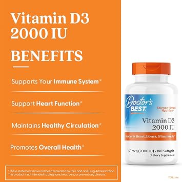 Doctor's Best Vitamin D3 2000 IU Softgels for Men & Women - Vitamin D Supplement for Immune System & Heart Health Support, 50 mcg per Serving, Vit D 3, Non GMO, Gluten Free, Soy Free - 180 Softgels