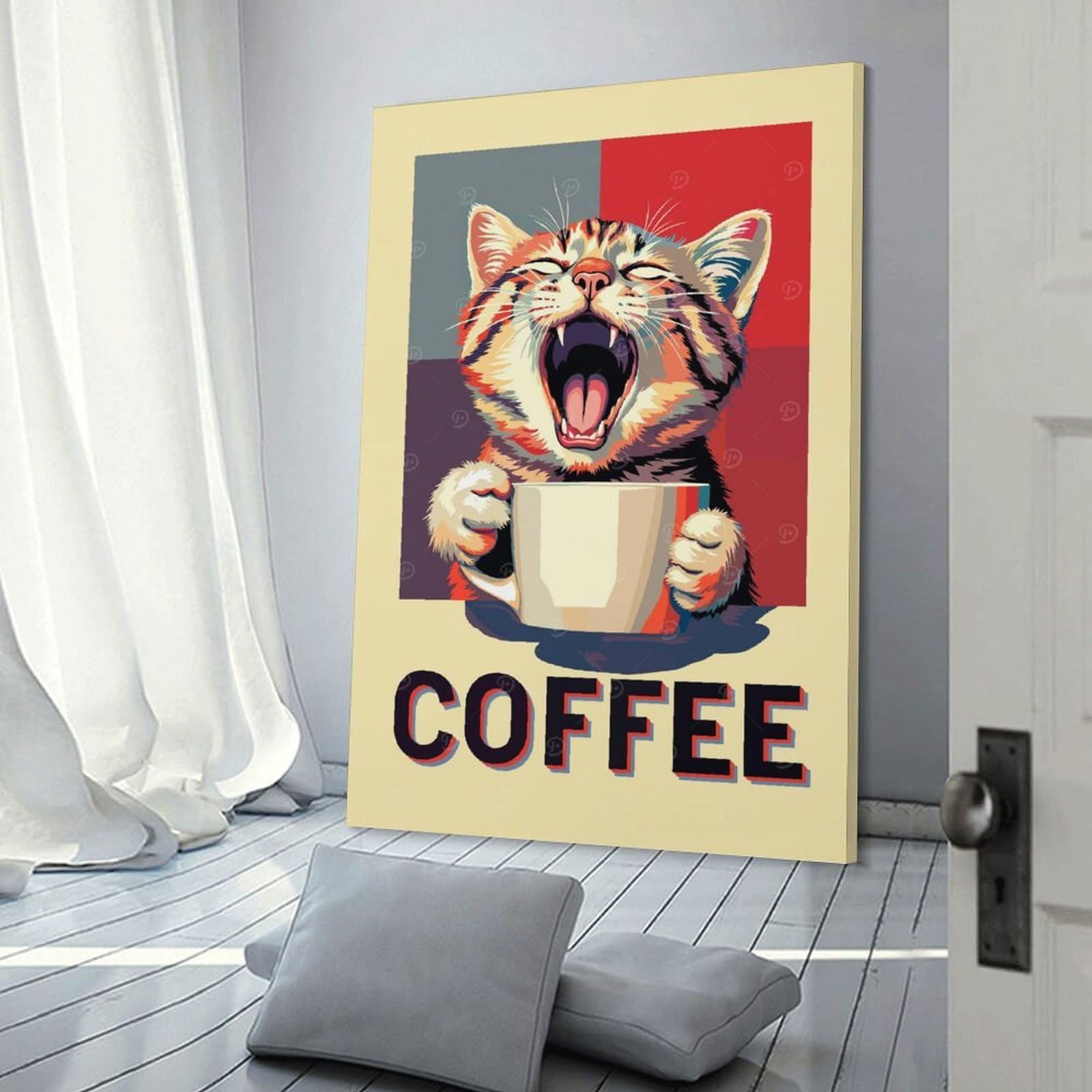 Junmoney Frame-Style Cat Yawning With Coffee Cup Poster Canvas Wall Decor, 20X30inch(50X75cm), For Wall Displays, Bedrooms Or Room Updates, Wall Decor Suited To Curated Displays