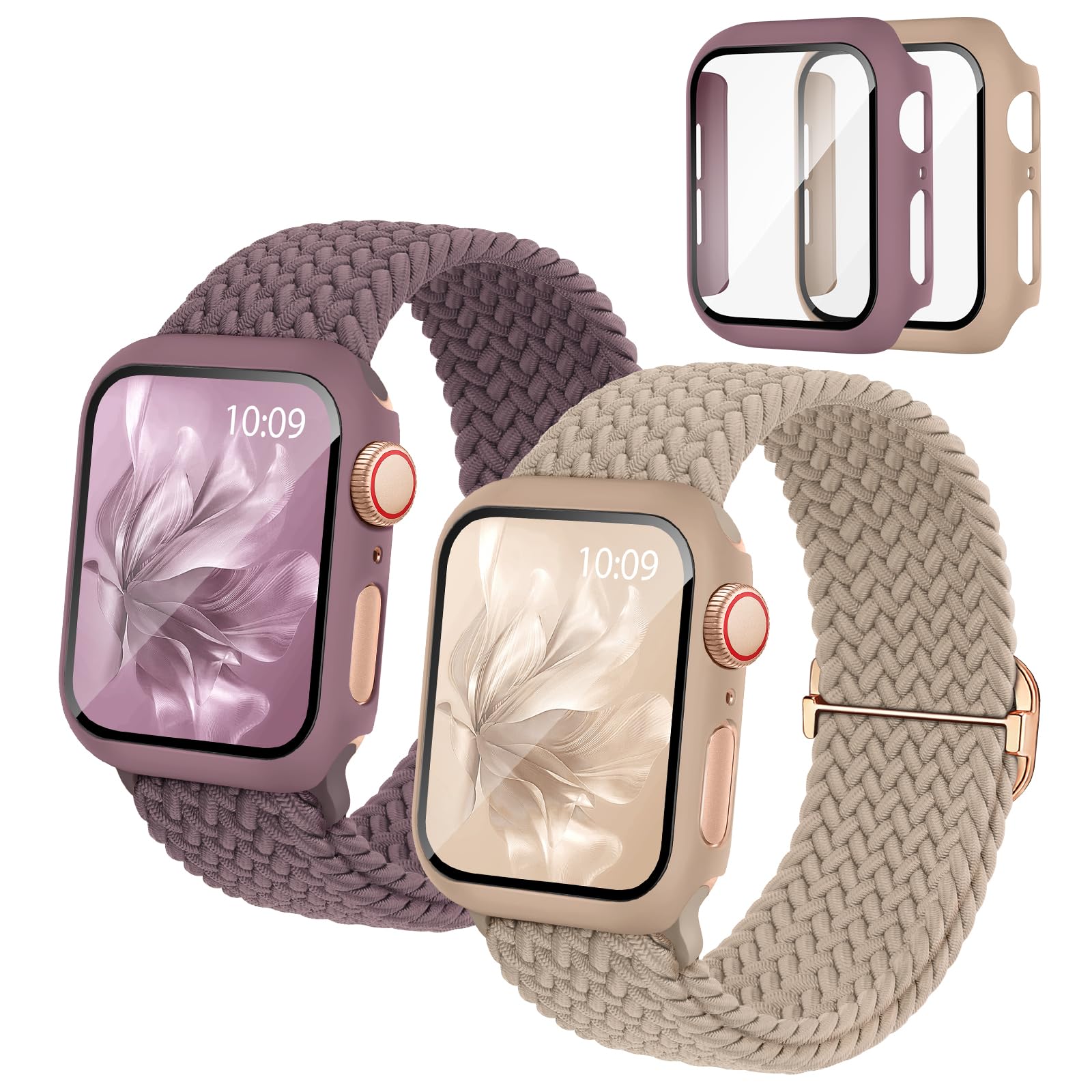 Photo 1 of 2 Pack Braided Stretchy Band Compatible with Apple Watch Bands and Case 40mm 41mm 42mm 44mm 45mm 46mm, Nylon Elastic Strap Protective Cover with Screen Protector for iWatch Series 11 10 9 8 7 SE 6 5 4