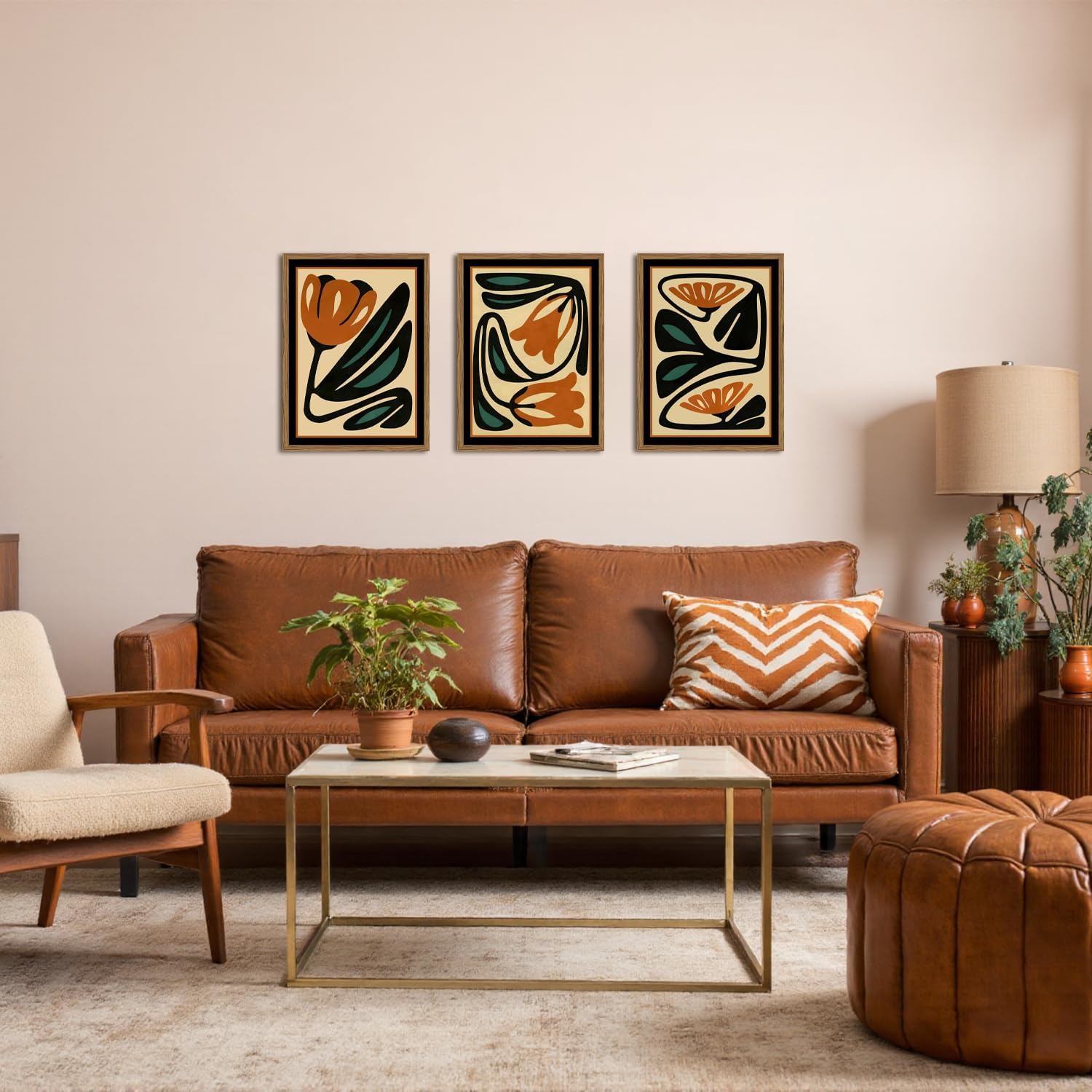 Mid Century Floral Wall Art Set of 3, Modern Abstract Botanical Wall Decor Picture, Vintage Boho Eclectic Plant Canvas Prints Paintings for Bedroom Living Room 12x16 inch Framed